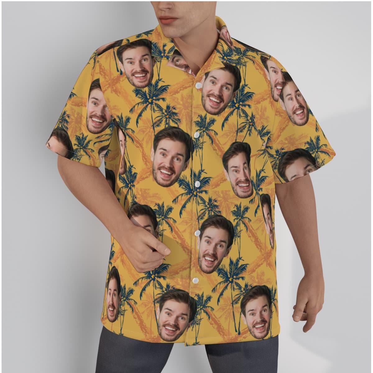 Custom Face Coconut Tree Yellow Hawaiian Shirt has an outstanding yellow print with palm trees and custom multiple faces, with short sleeves, camp collar and button up shirt style