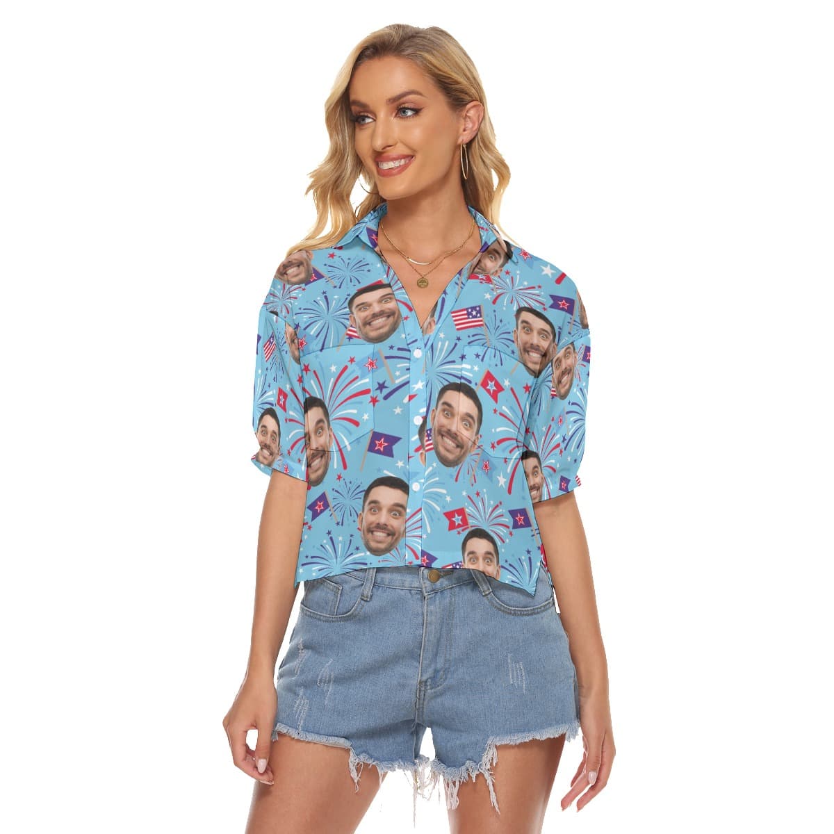 Custom Face Firework 4th Of July Hawaiian Cropped Shirt For Women (4)