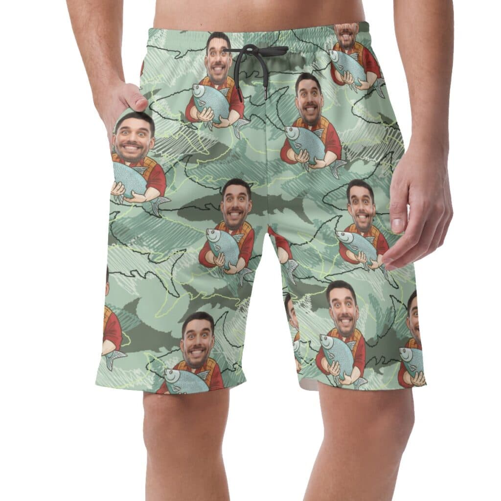 Custom Face Fishing Man Hawaiian Summer Beach Shorts