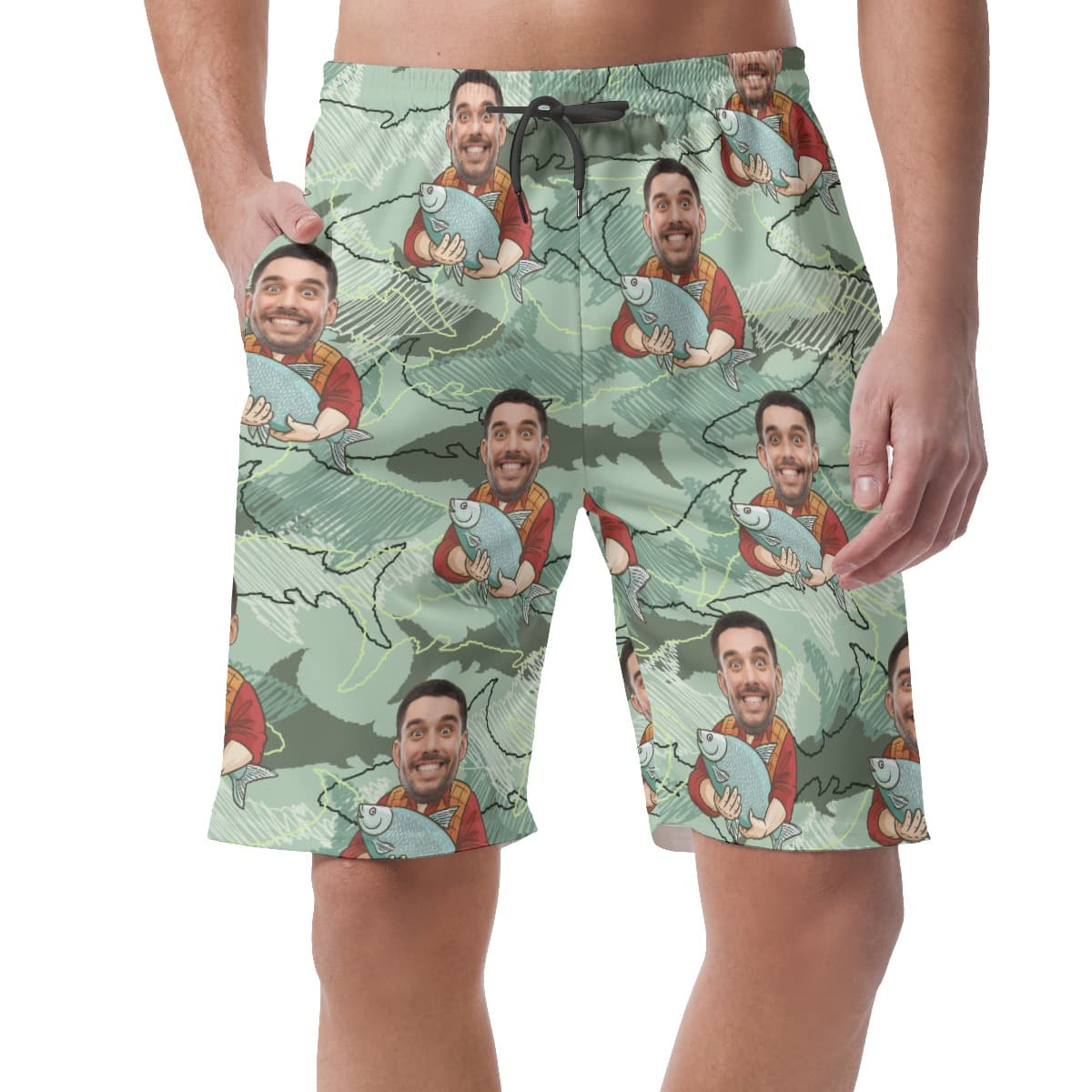 Custom Face Fishing Man Hawaiian Summer Beach Shorts