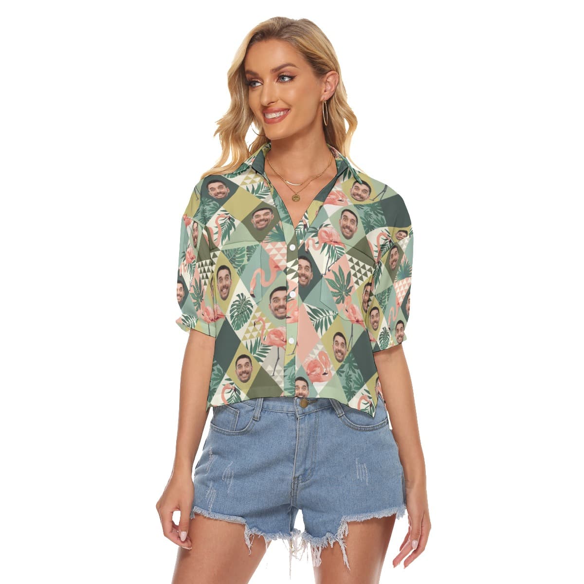 Custom Face Flamingo Green Aloha Cropped Shirt For Women (4)