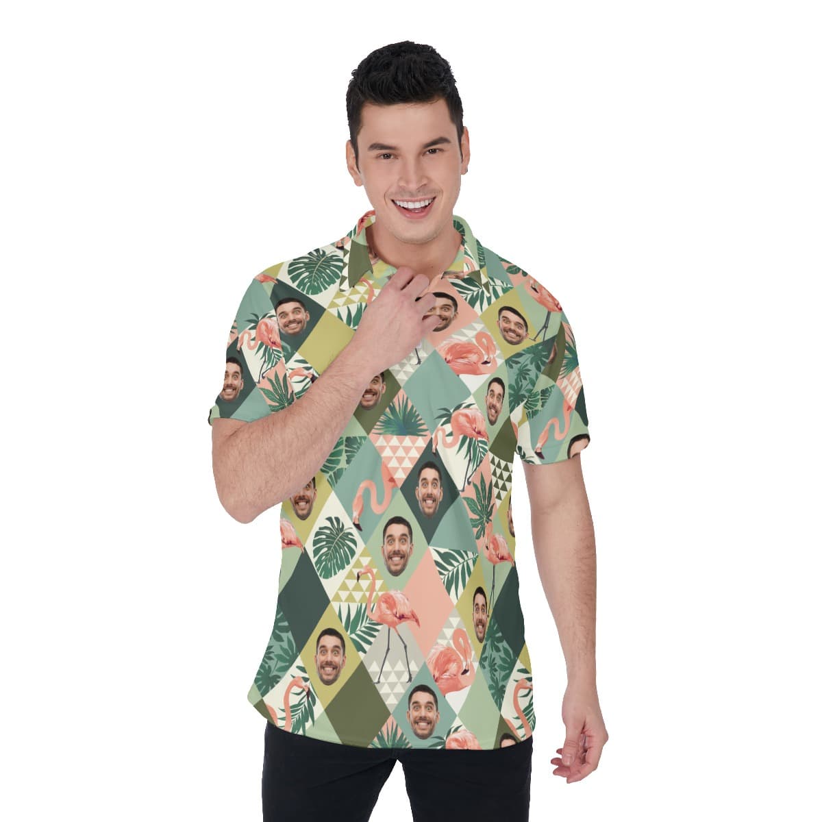 Custom Face Flamingo Green Hawaiian Golf Shirt For Men