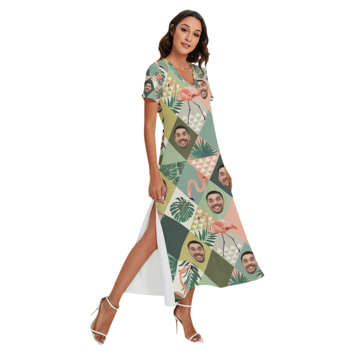 Custom Face Flamingo Green Hawaiian V-neck Dress With Side Slit