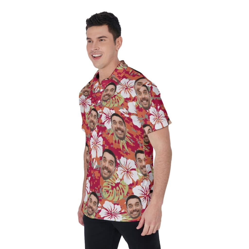 Custom Face Floral Camo Hawaiian Polo Shirt For Men
