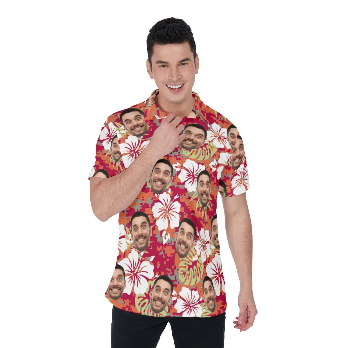 Custom Face Floral Camo Hawaiian Polo Shirt For Men