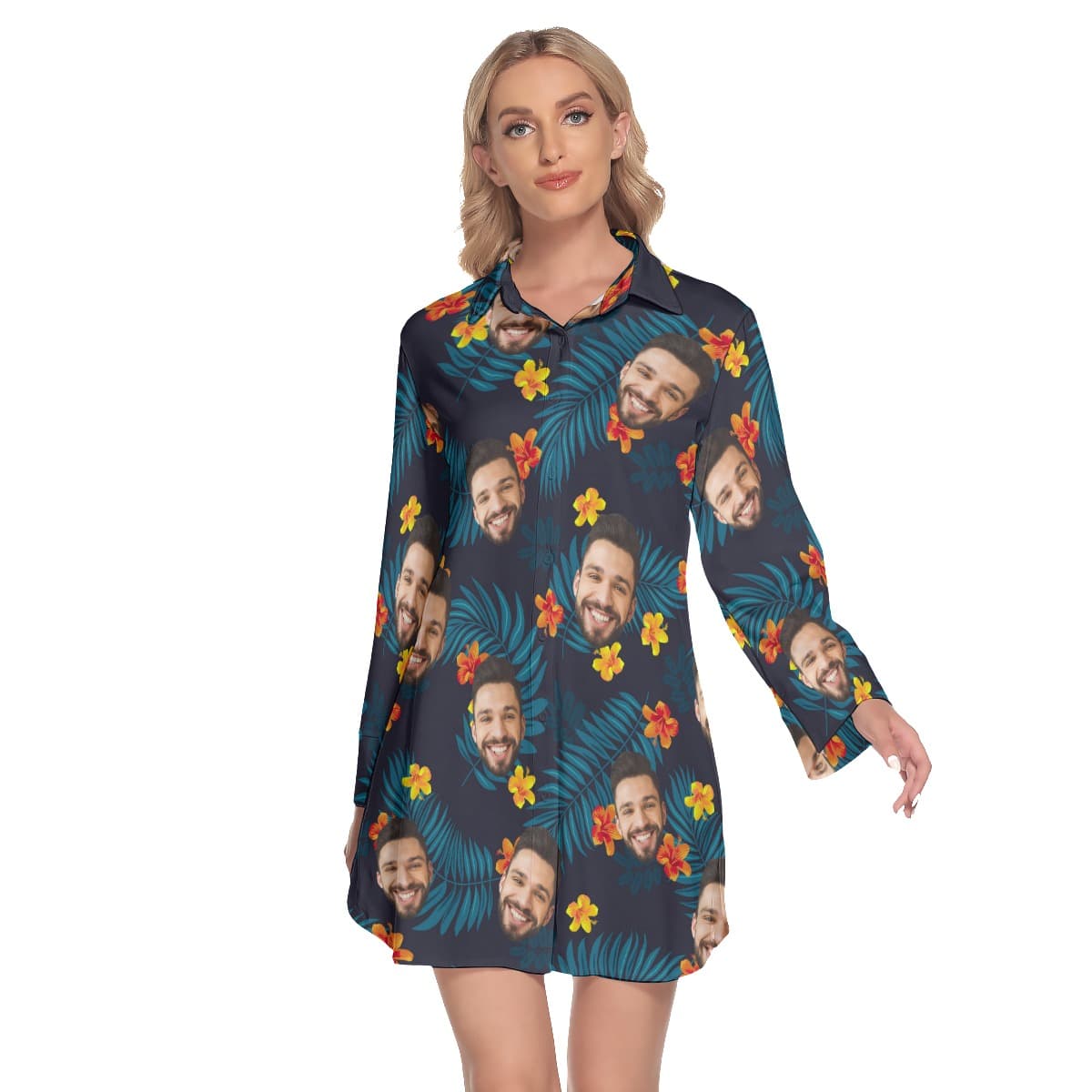 Custom Face Floral Long Sleeve Collared Dress For Women (2)