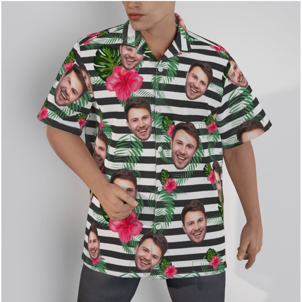 Custom Face Floral Striped Hawaiian Shirt (1)