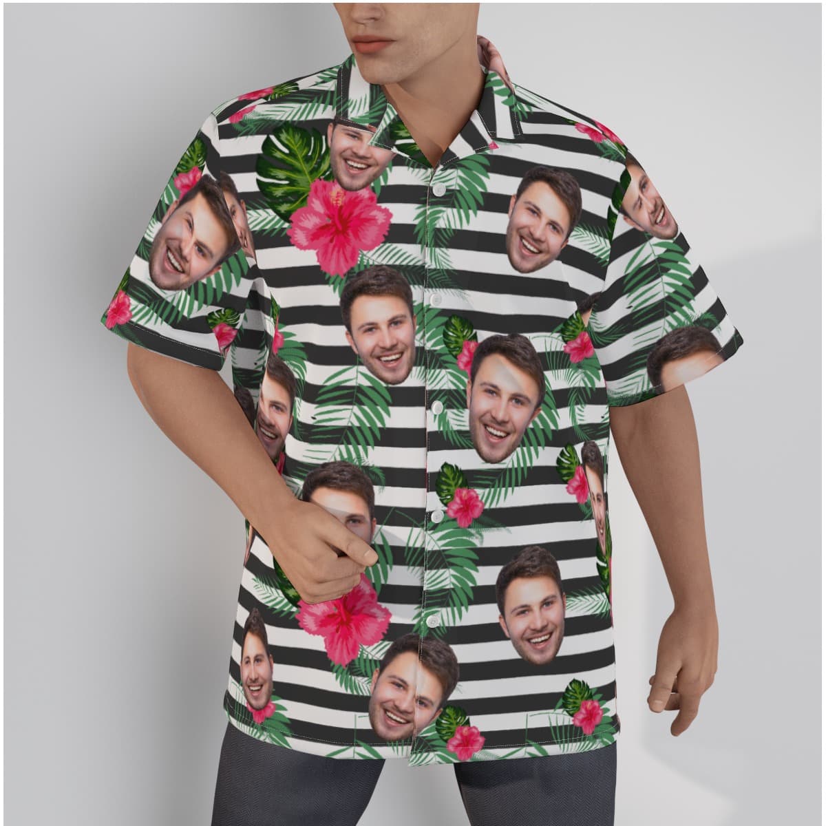 Custom Face Floral Striped Hawaiian Shirt (1)