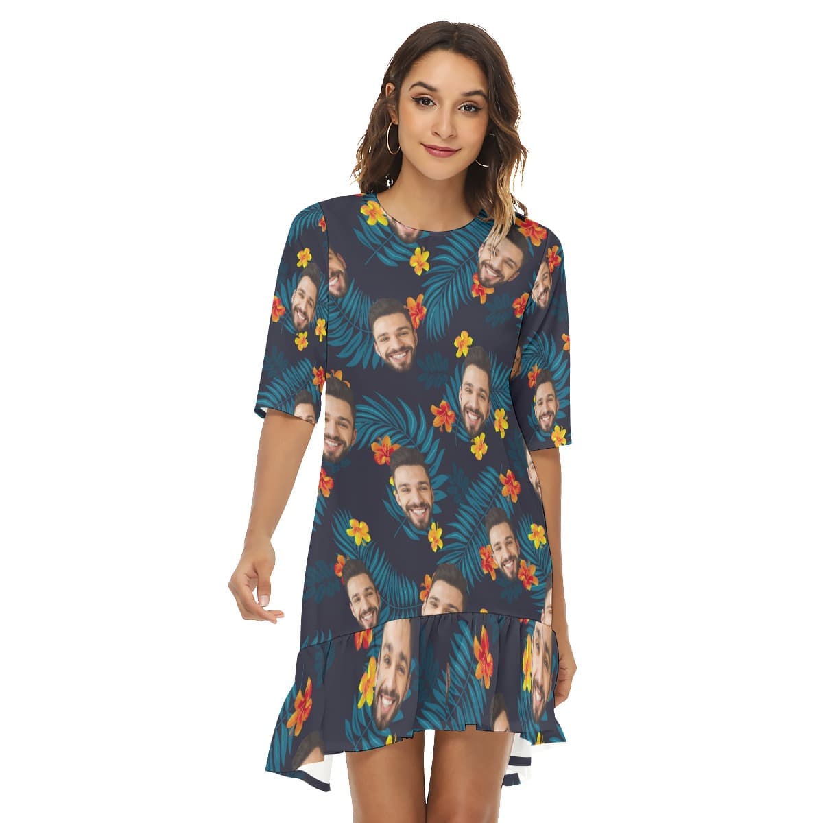 Custom Face Half Sleeve Dress With Ruffle Hem (3)