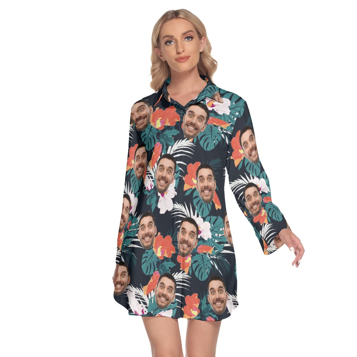 Custom Face Hawaiian Dress With Long Sleeve Collar offers both formal and casual look, with custom multiple faces on a tropical print with collar dress style with long sleeves