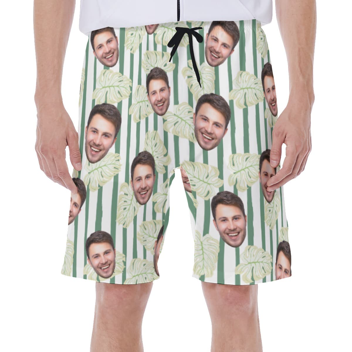 Custom Face Men's Hawaiian Shorts With Striped Leaf Print (1)