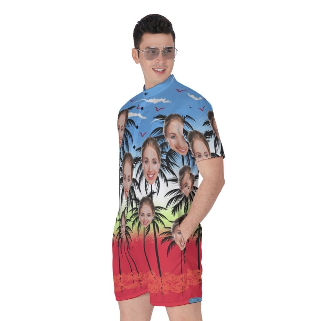 Custom Face Palm Tree Hawaiian Romper For Men