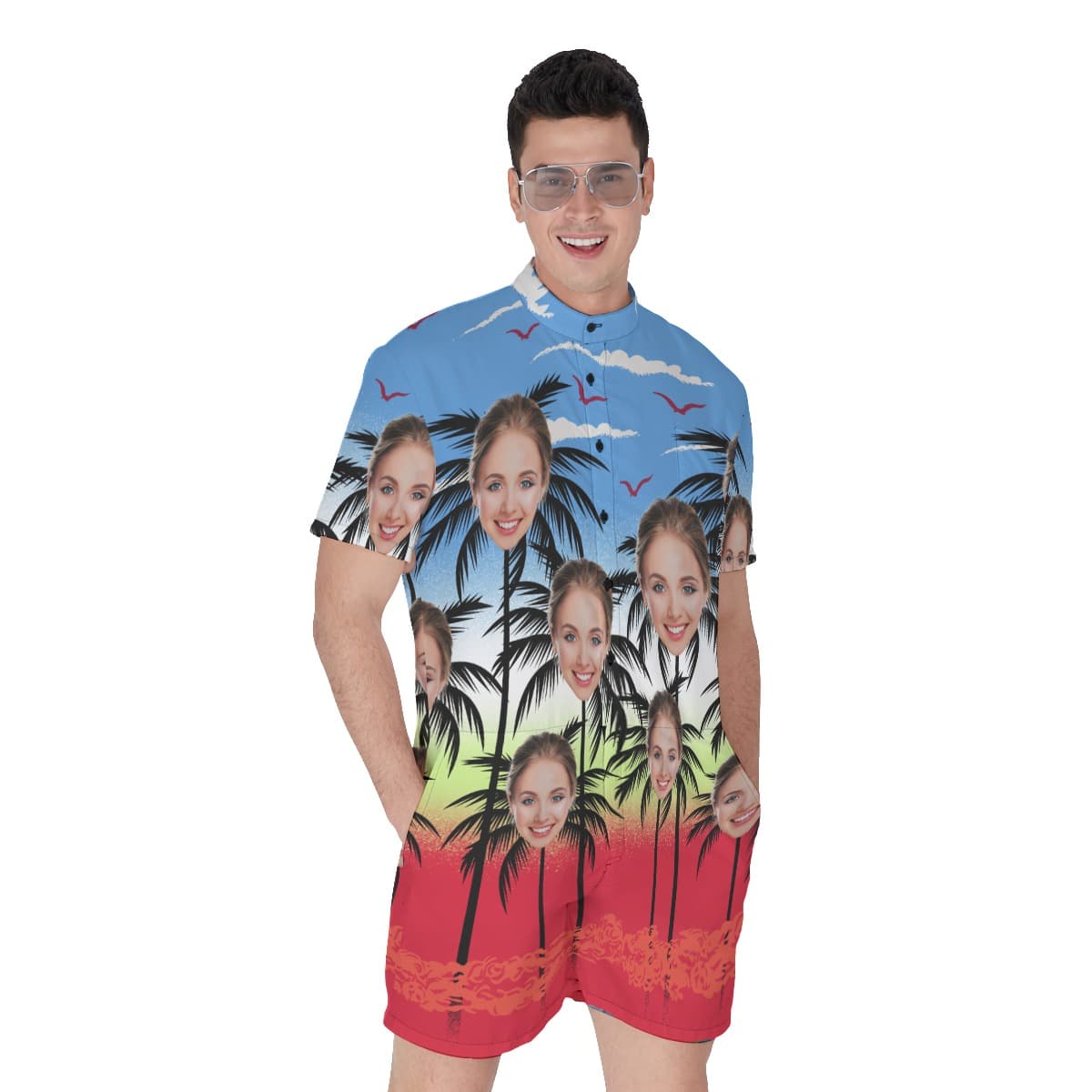 Custom Face Palm Tree Hawaiian Romper For Men (4)