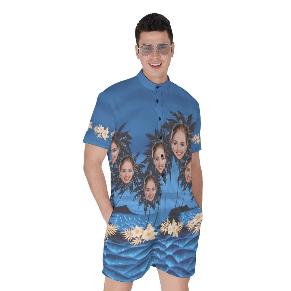 Custom Face Palm Tree Men's Hawaiian Romper For Summer