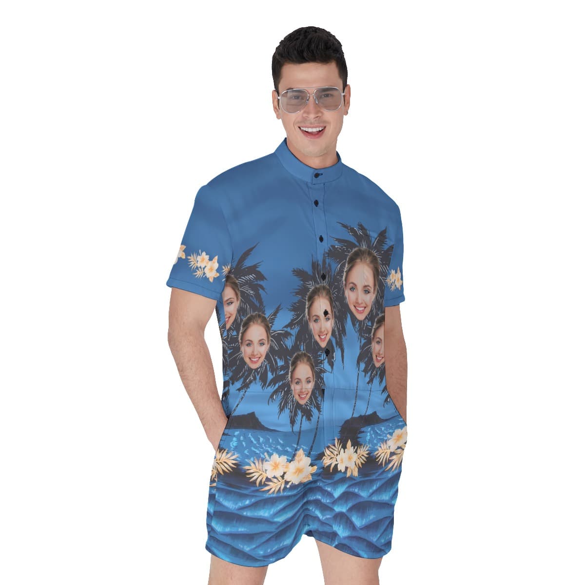 Custom Face Palm Tree Men's Hawaiian Romper For Summer
