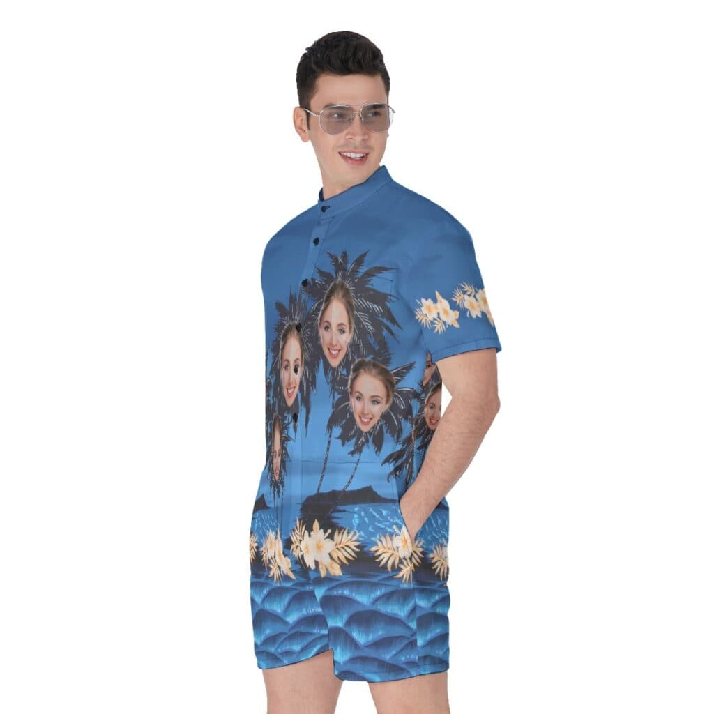 Custom Face Palm Tree Men's Hawaiian Romper For Summer