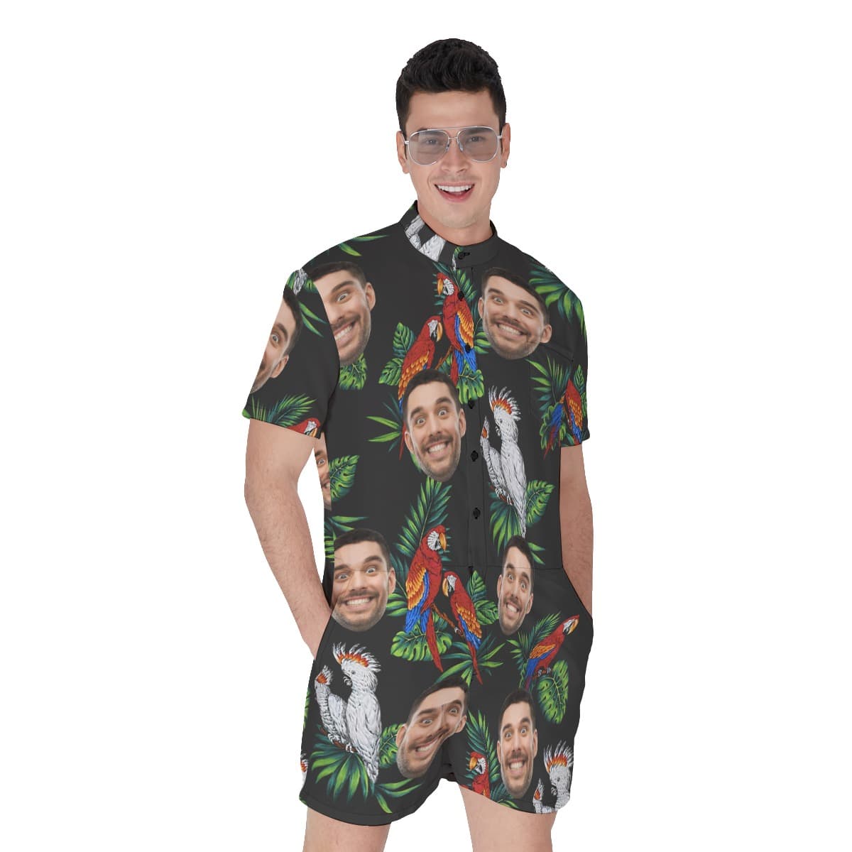 Custom Face Parrot Black Men's Hawaiian Romper (1)