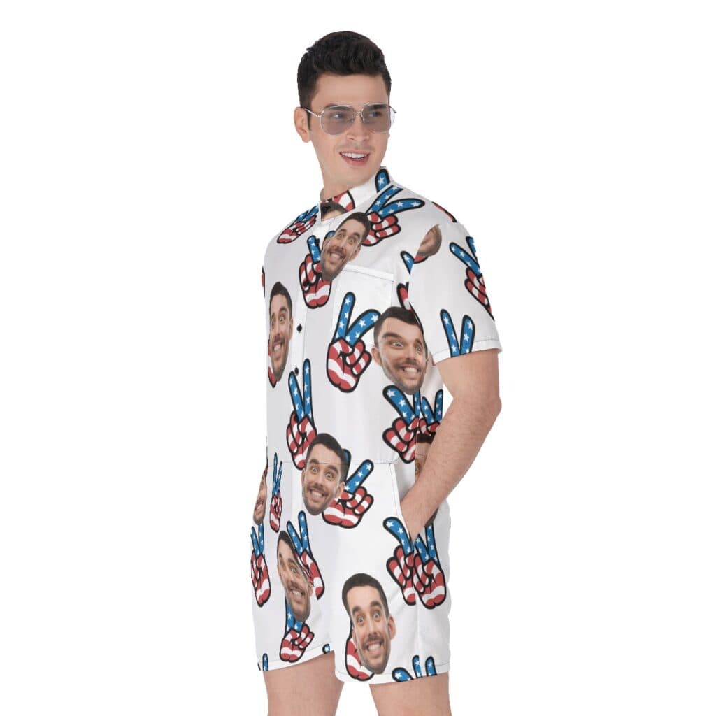 Custom Face Peace Sign American Flag Hawaiian Romper For Men