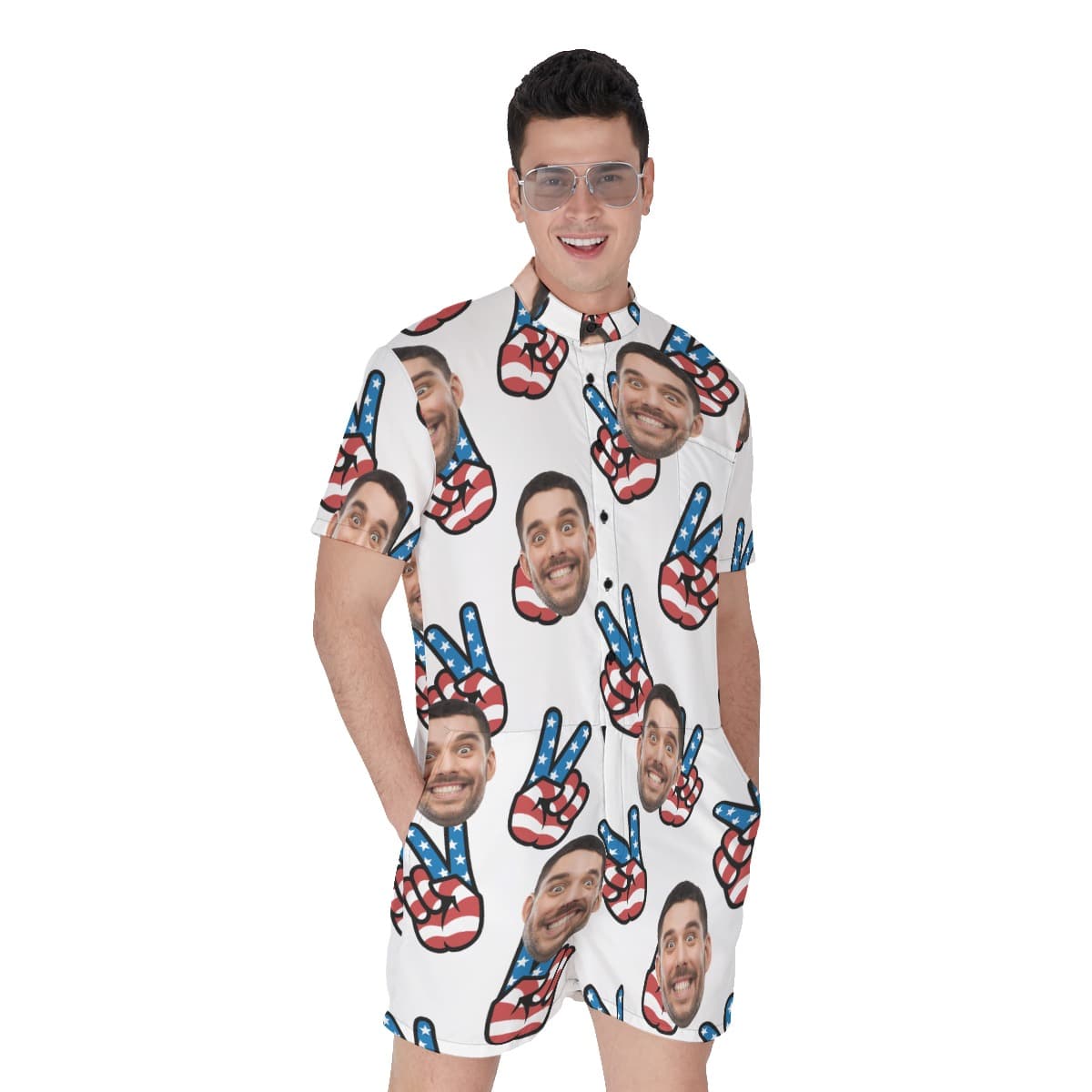Custom Face Peace Sign American Flag Hawaiian Romper For Men