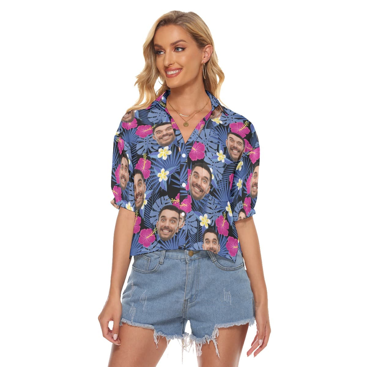 Custom Face Purple Hawaiian Cropped Shirt For Women (1)
