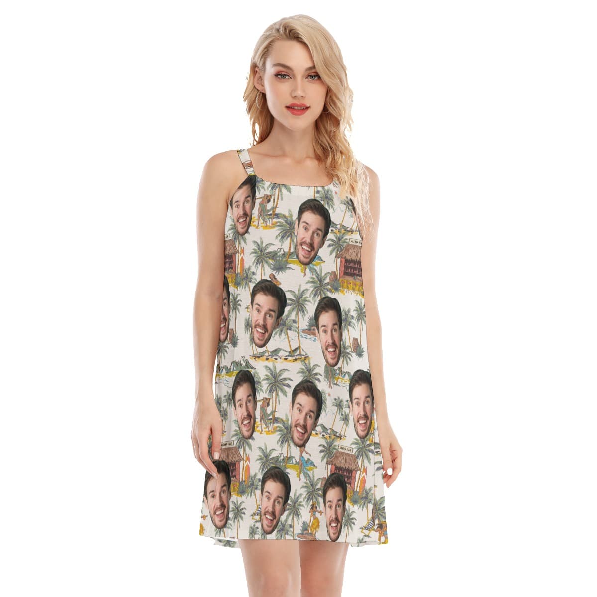 Custom Face Tropical Palm Tree Hawaiian Cami Dress For Summer (4)