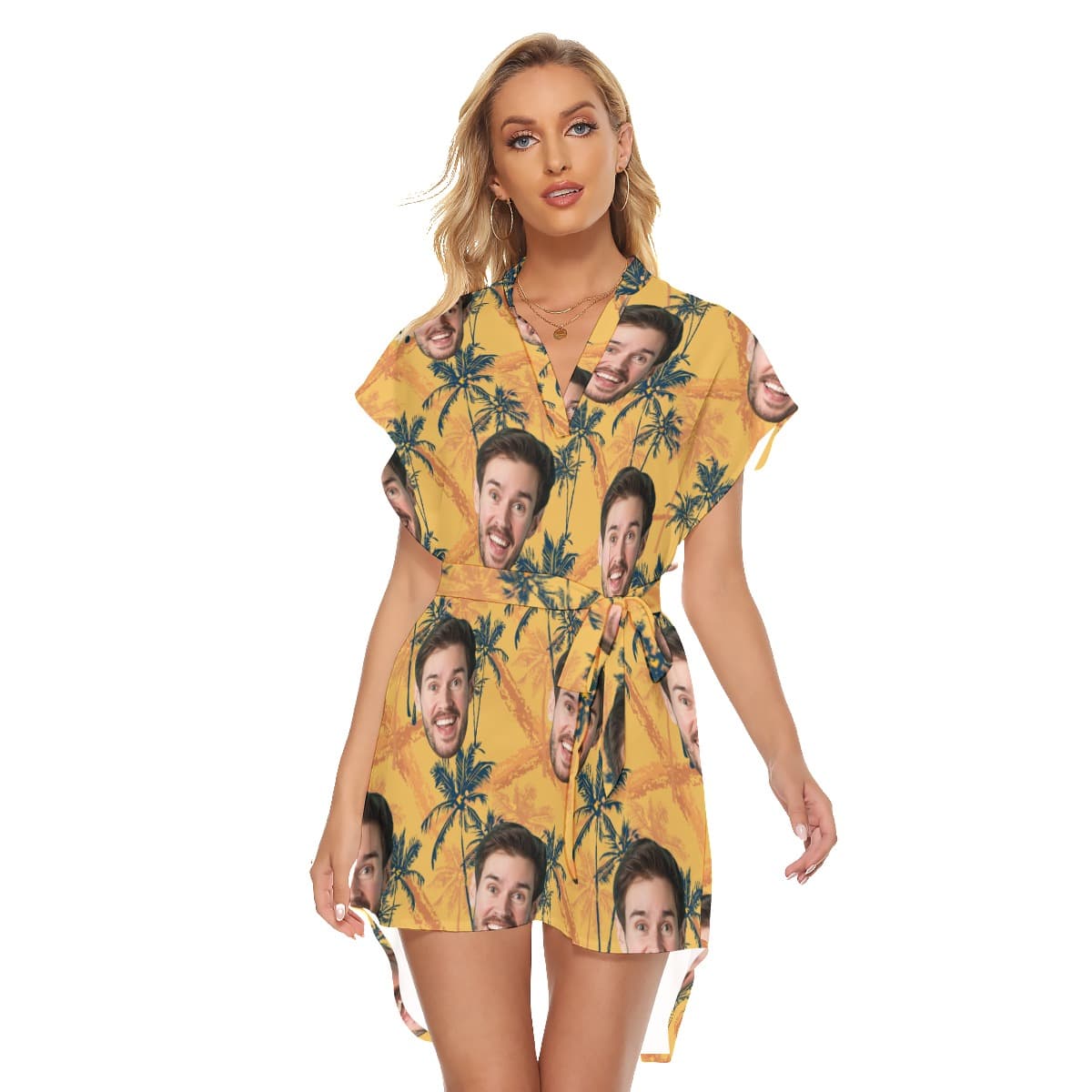 Custom Face Tropical Palm Tree Yellow Hawaiian Dress With Belt