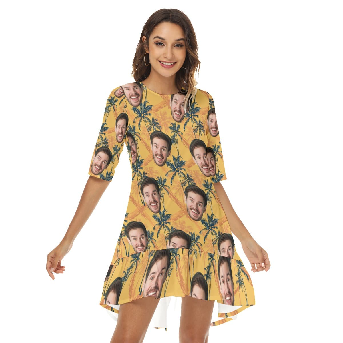 Custom Face Tropical Palm Tree Yellow Hawaiian Dress With Ruffle Hem
