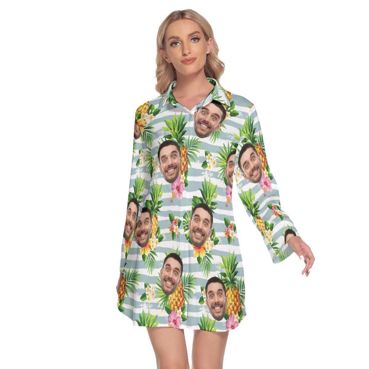 Custom Face Tropical Pineapples Women’s Lapel Shirt Dress (1)