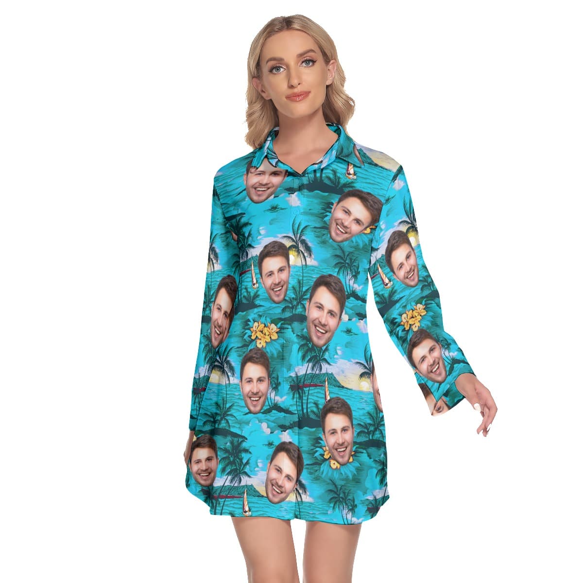 Custom Multi Face Lapel Long Sleeve Beach Dress (1)