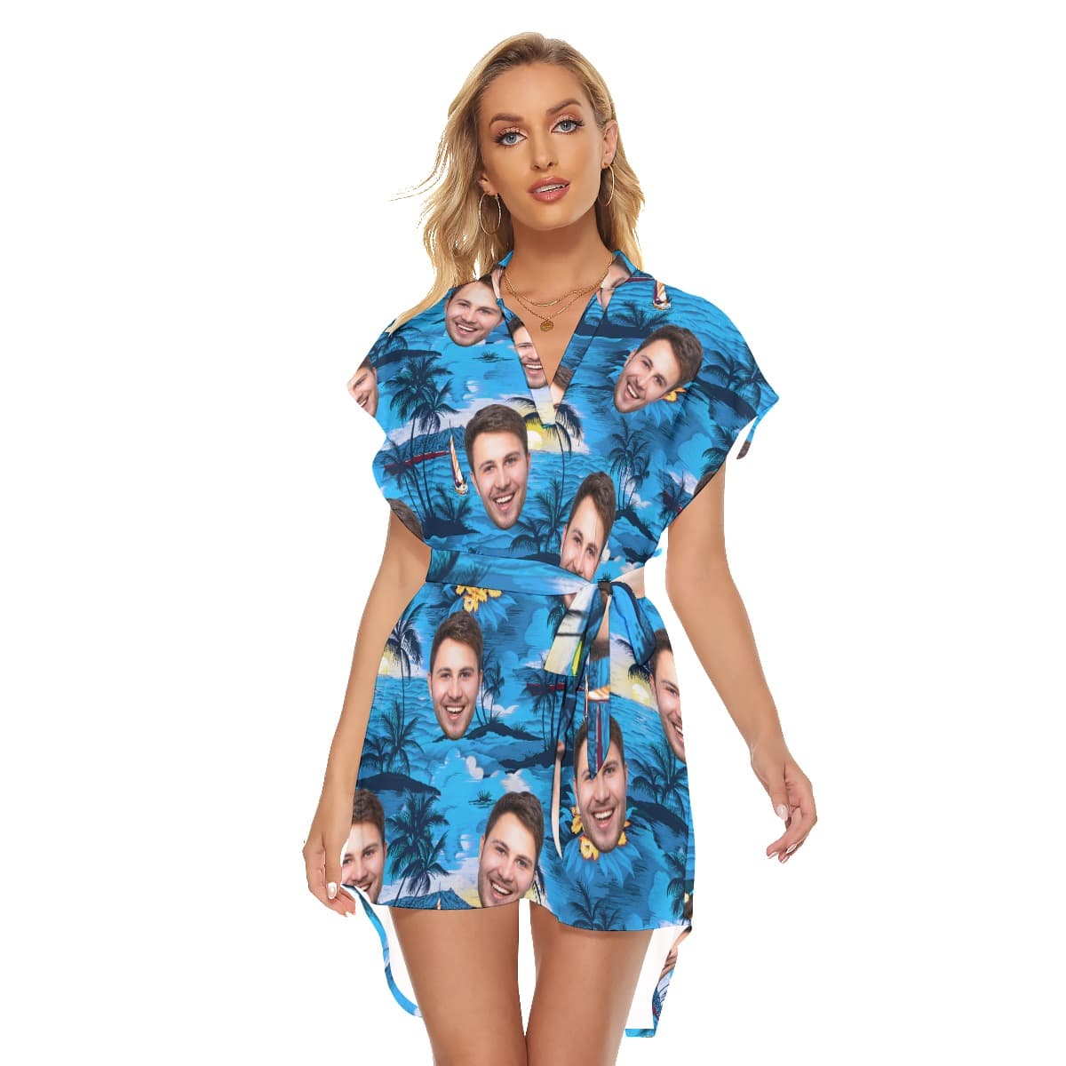 Custom Multiple Face Blue Ocean Hawaiian Dress (1)