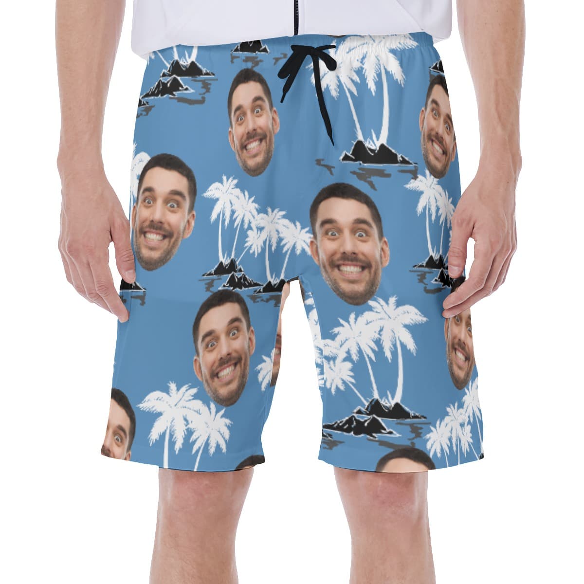 Custom Palm Tree Blue Hawaiian Swim Trunks With Face
