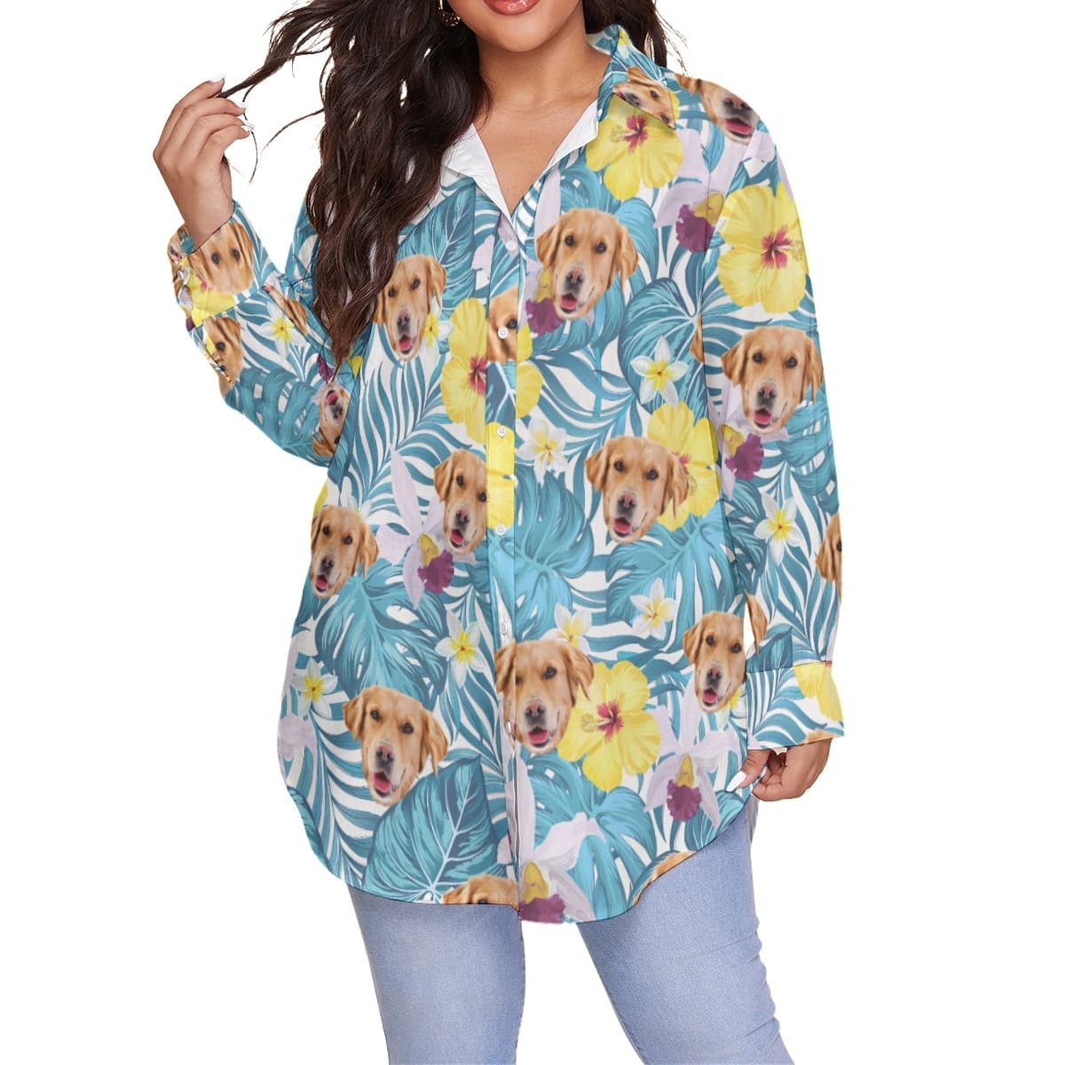 Custom Pet Face Women’s Plus Size Hawaiian Shirt (1)