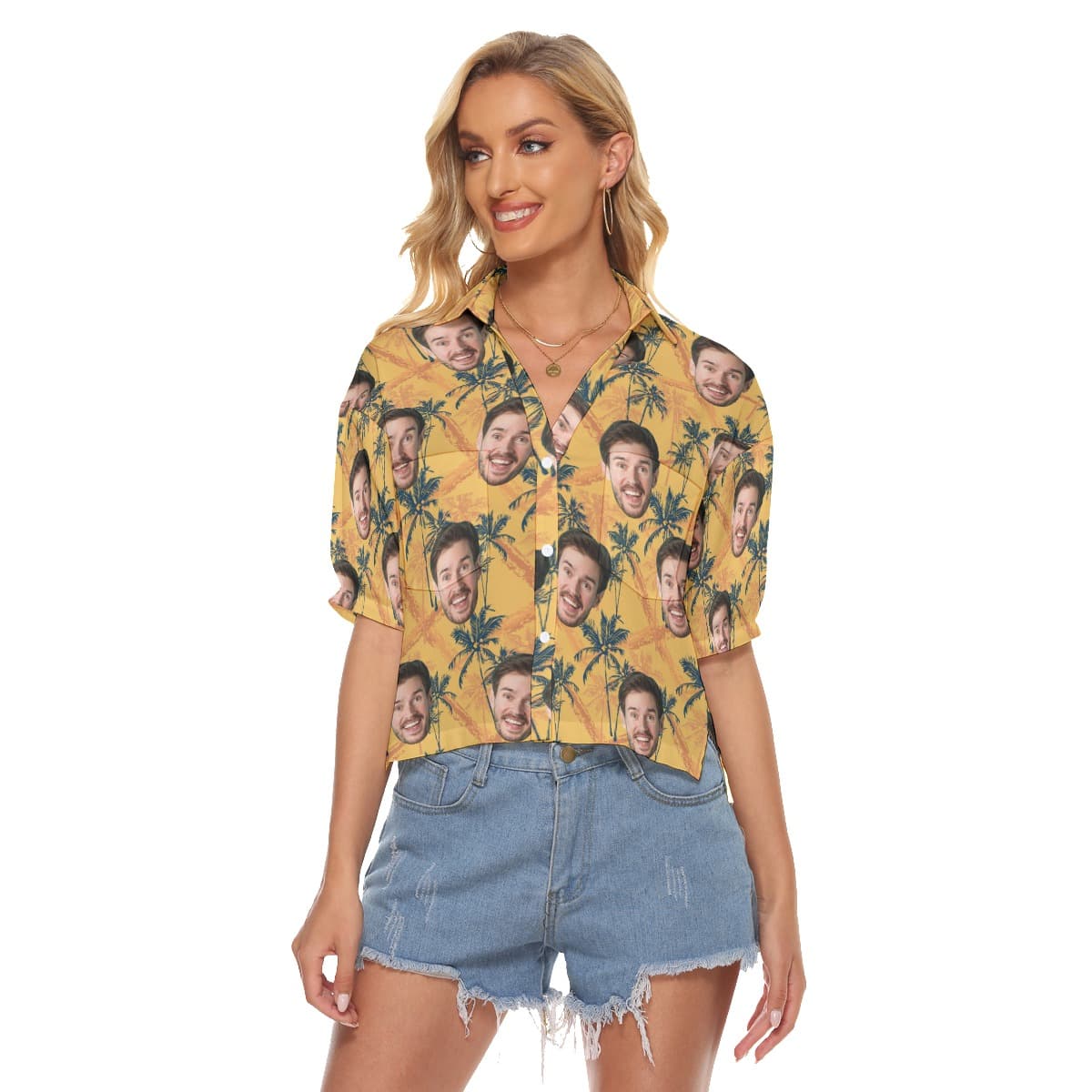 Custom Tropical Palm Tree Yellow Hawaiian Crop Top Shirt With Face (1)