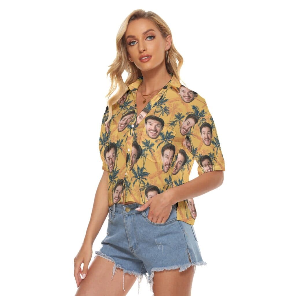 Custom Tropical Palm Tree Yellow Hawaiian Crop Top Shirt With Face