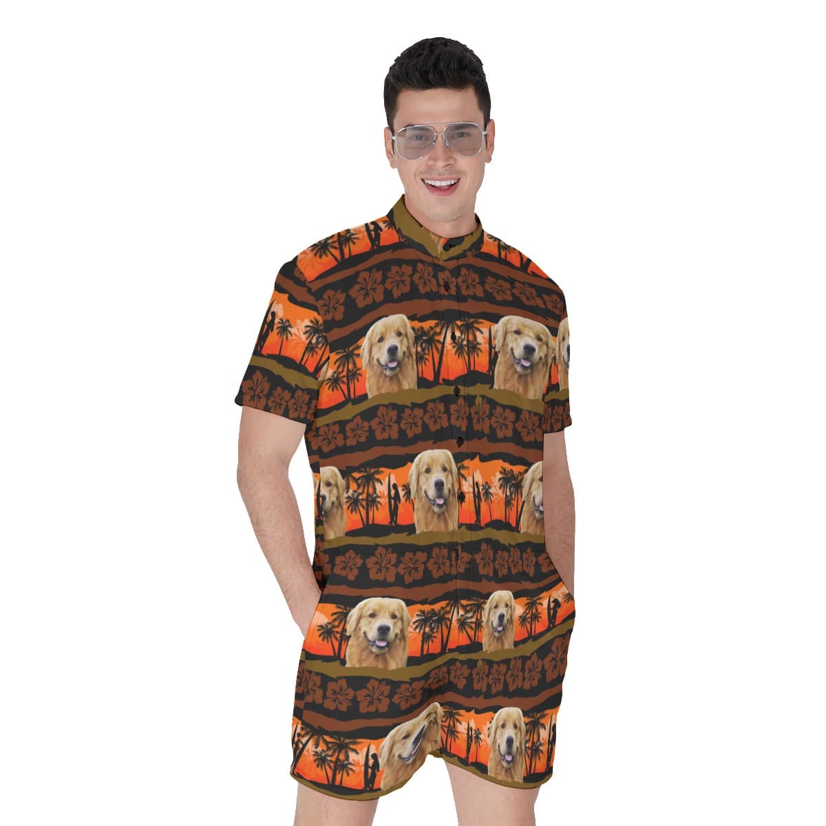 Custom Vintage Orange Hawaiian Romper With Dog Face