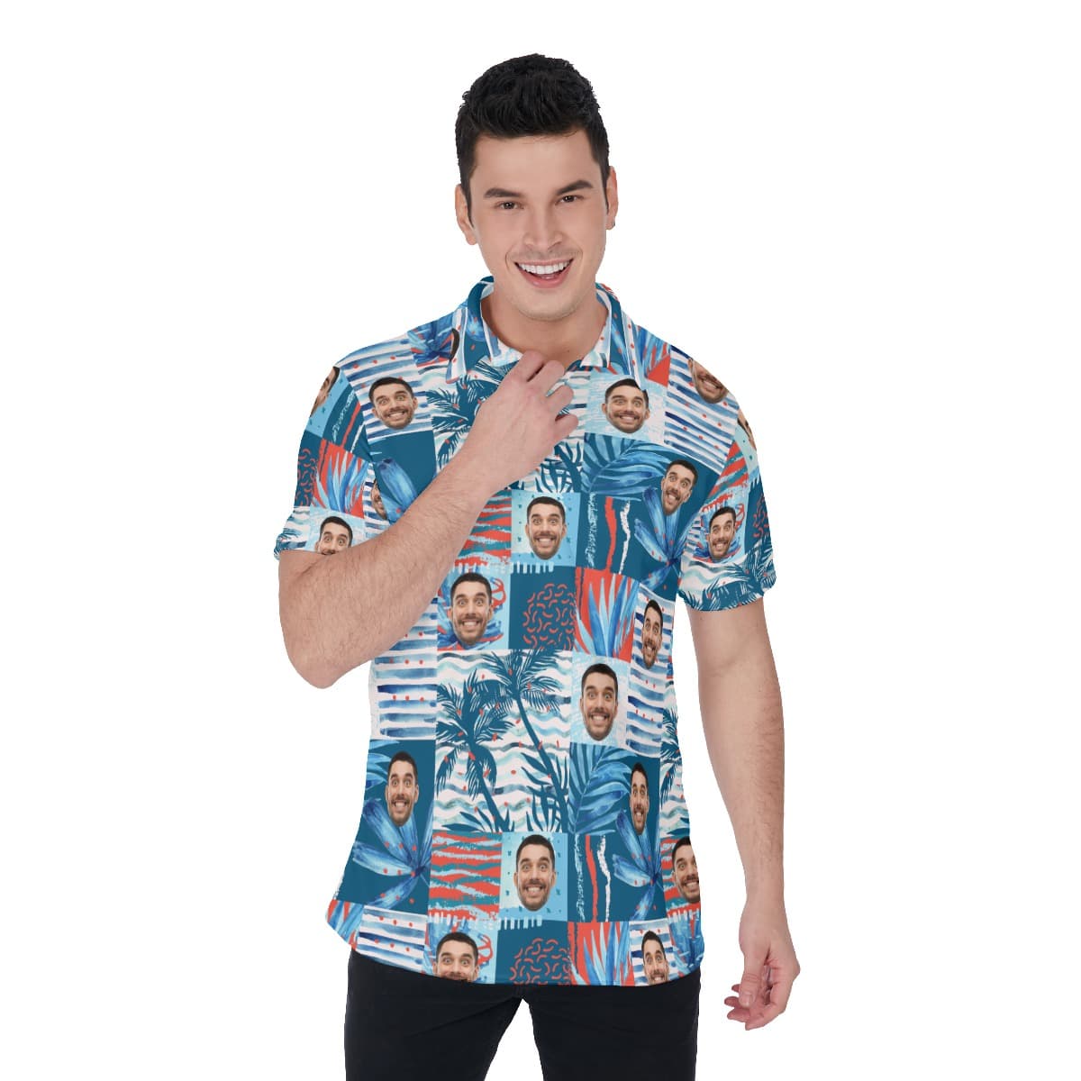 Customized Blue Hawaiian Polo Shirt With Face