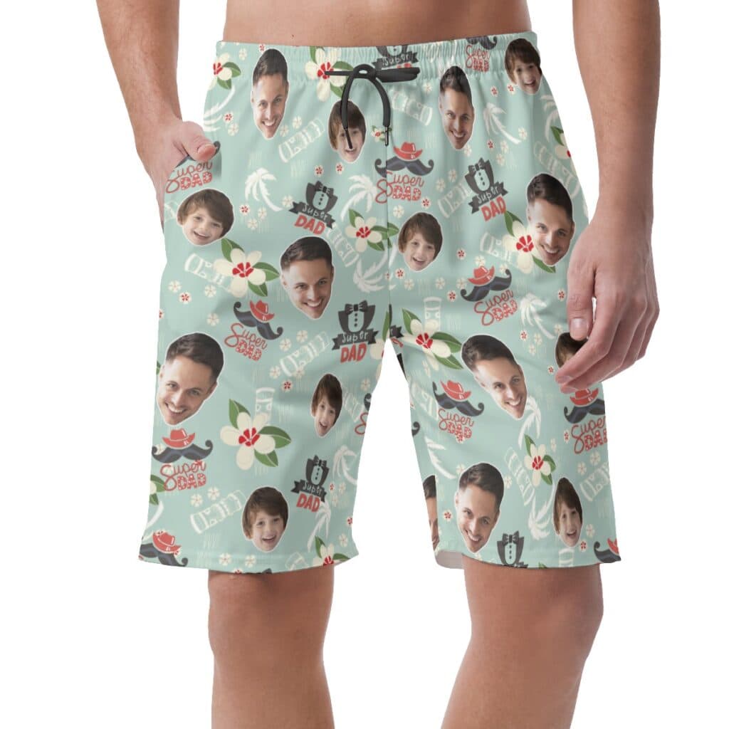 Customized Super Dad Hawaiian Beach Shorts With Face