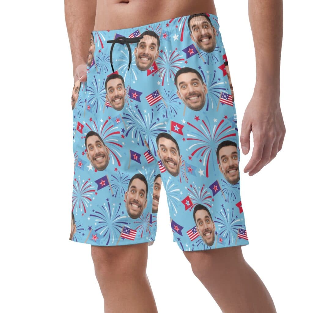 Firework Custom Face Blue Hawaiian Beach Shorts For Men
