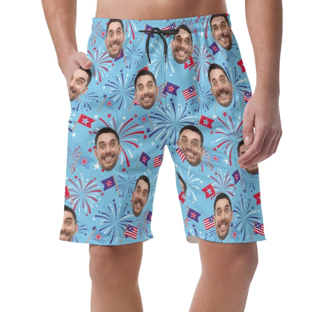 Firework Custom Face Blue Hawaiian Beach Shorts For Men