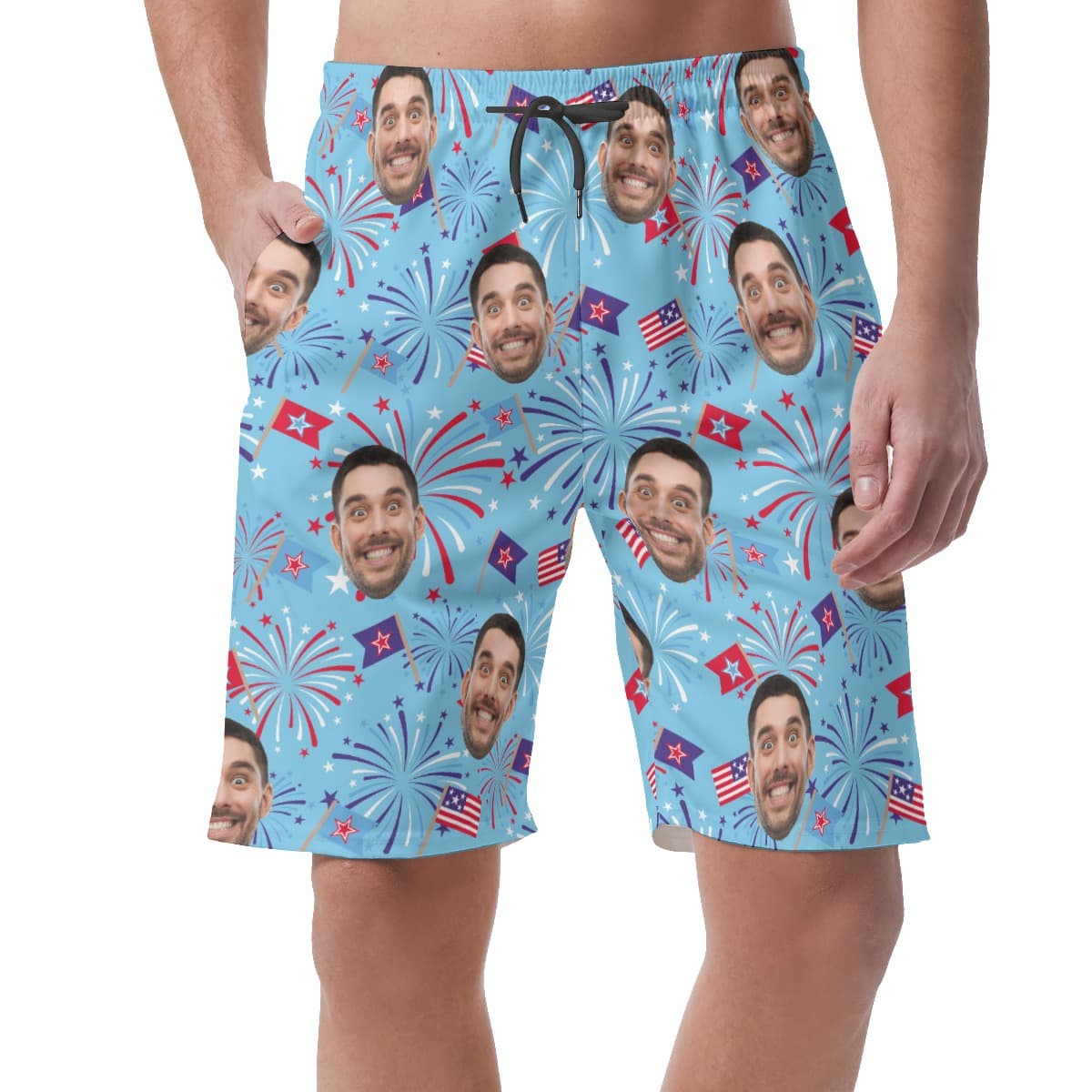 Firework Custom Face Blue Hawaiian Beach Shorts For Men