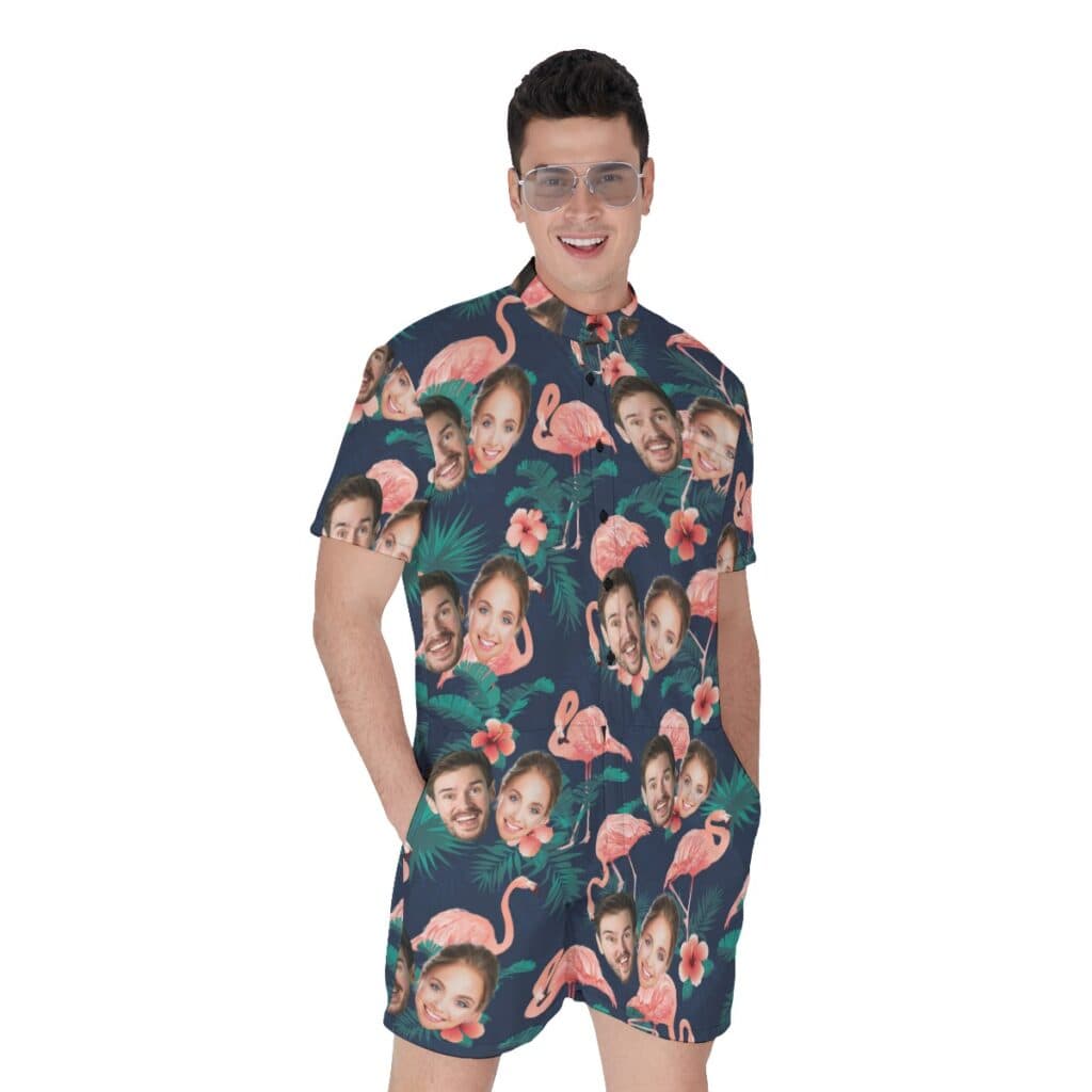 Flamingo Custom Couple Face Men's Romper Jumpsuit (1)