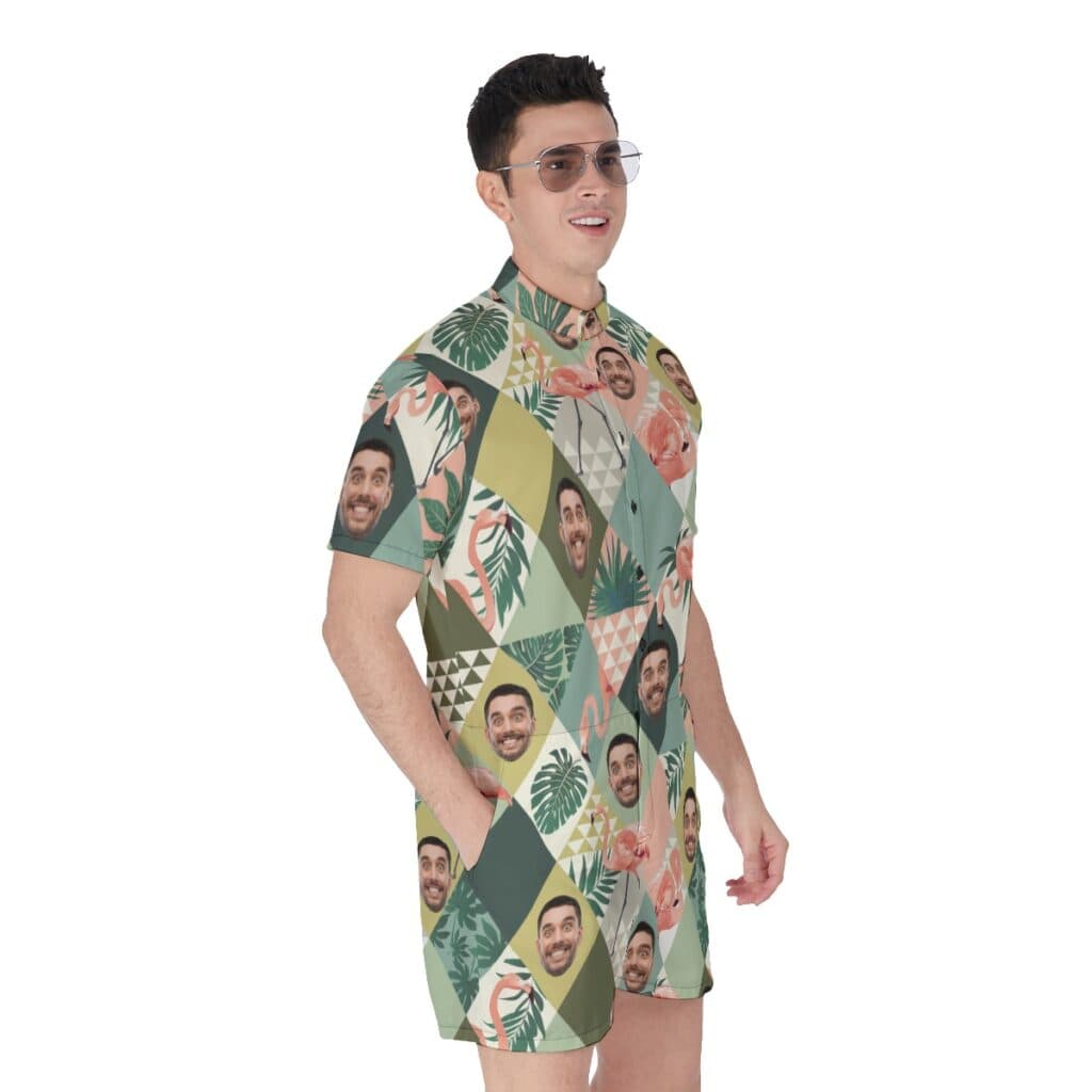 Flamingo Custom Face Green Hawaiian Romper For Men