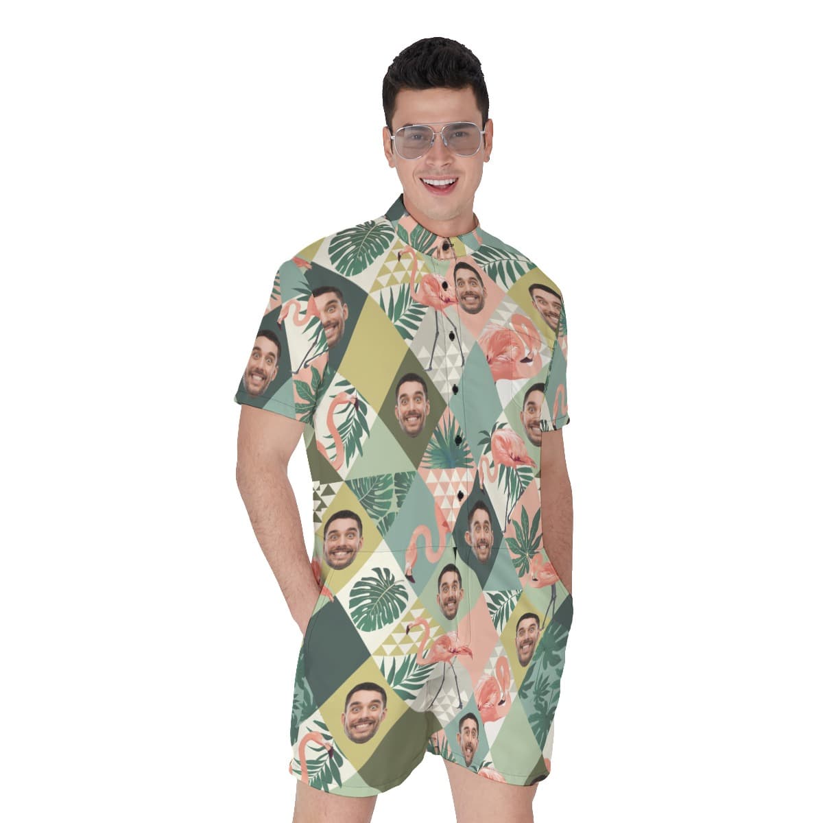 Flamingo Custom Face Green Hawaiian Romper For Men