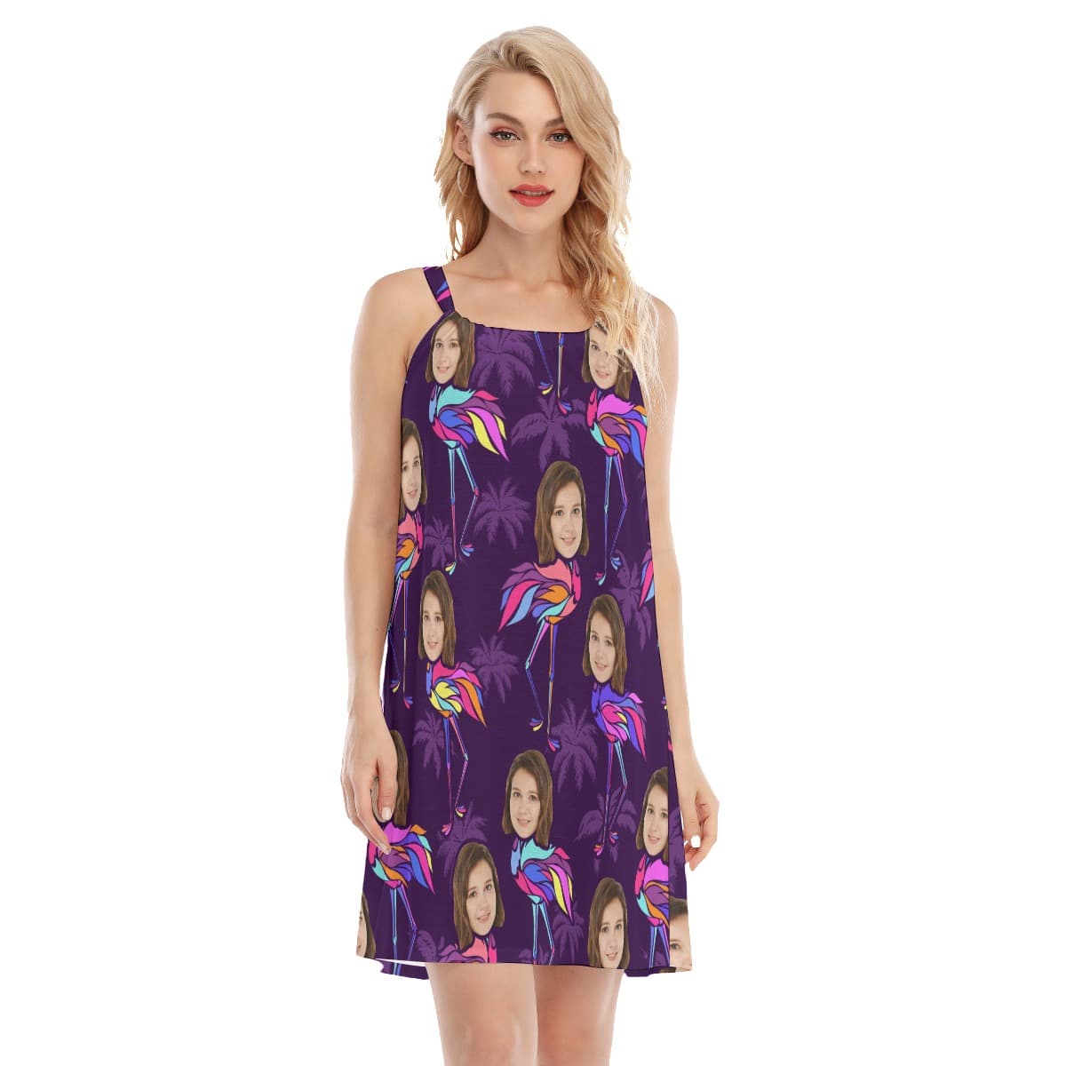 Flamingo Custom Face Violet Hawaiian Cami Dress (4)