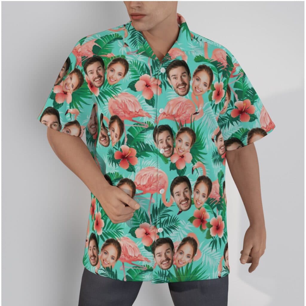 Flamingo Hibiscus Blue Custom Face Hawaiian Shirt For Couples (1)