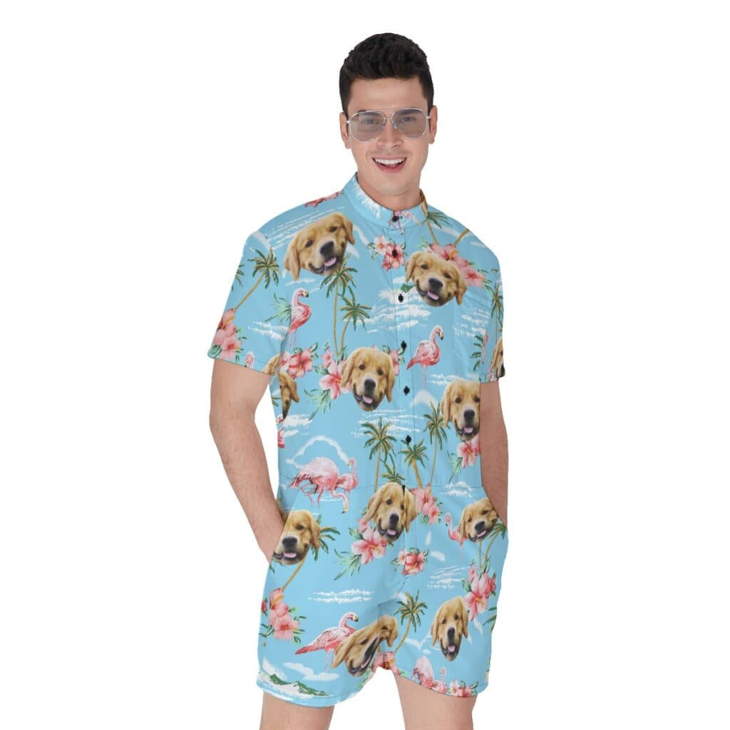Flamingo Light Blue Men's Romper With Dog Face (1)