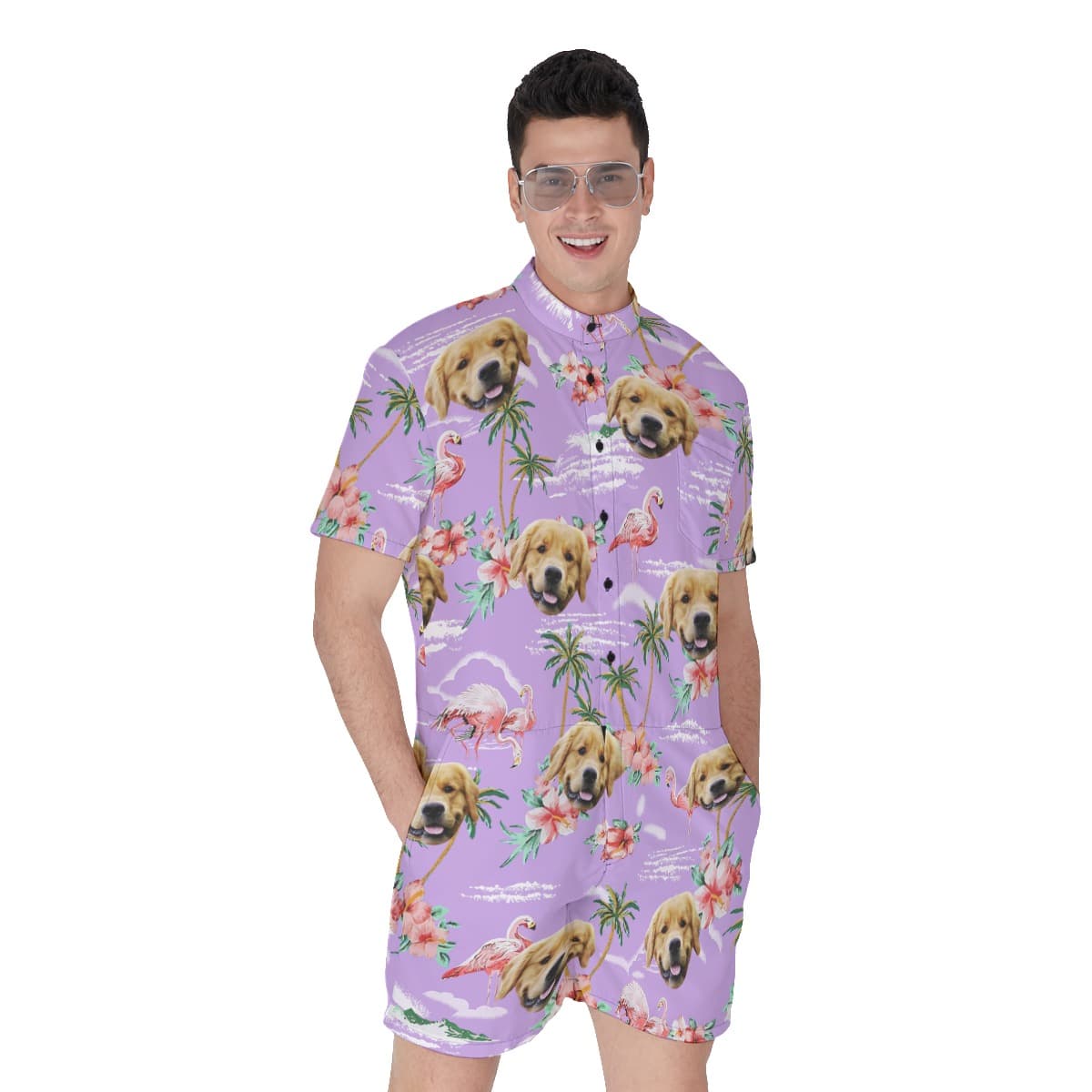 Flamingo Purple Beach Men's Hawaiian Romper With Dog Face (1)