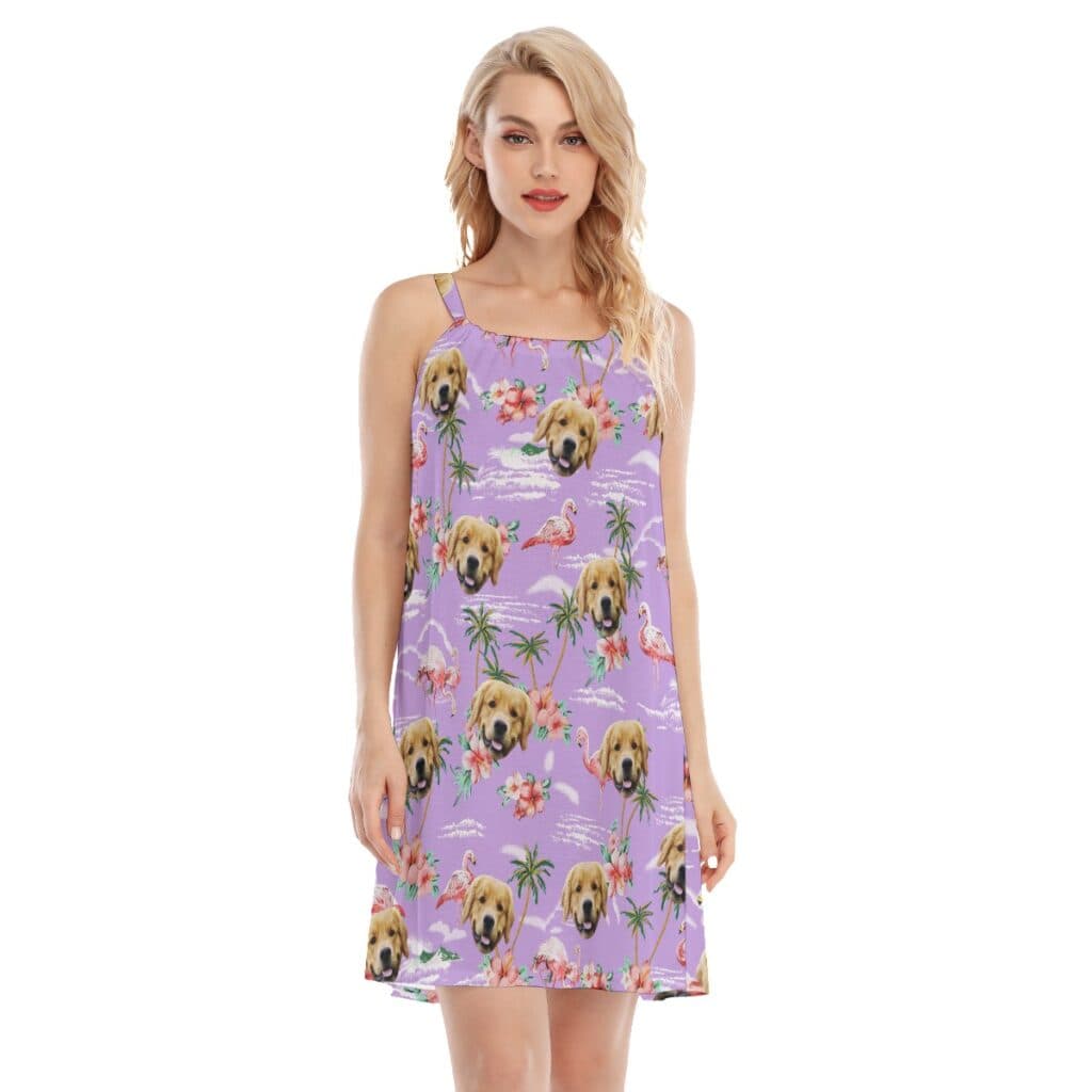 Flamingo Purple Women's Cami Dress With Dog Face (1)