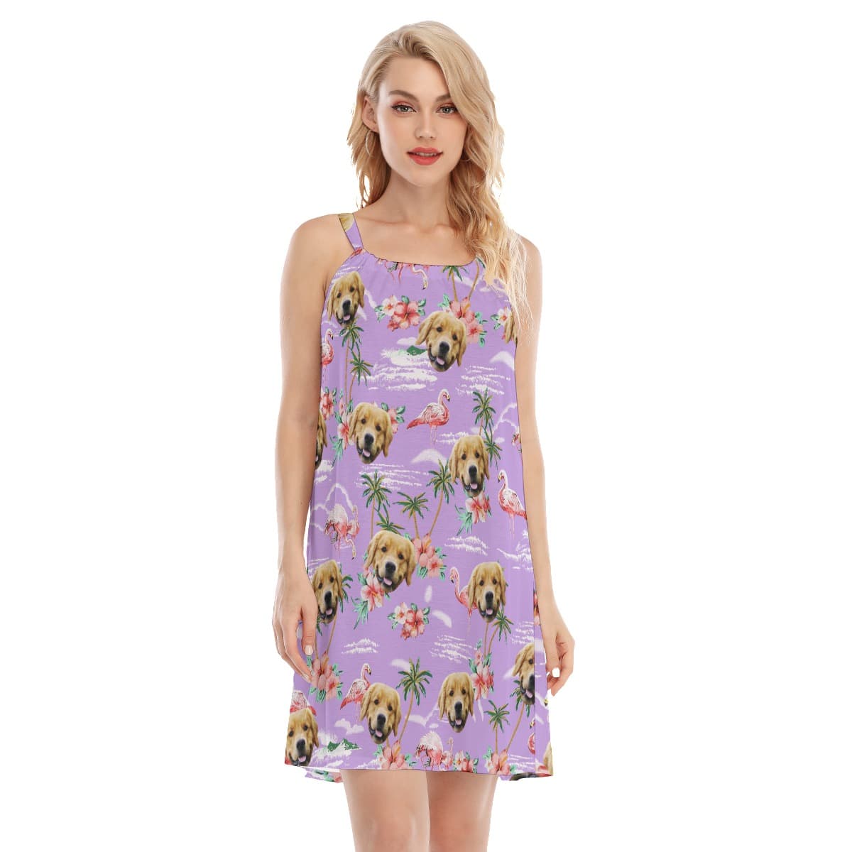 Flamingo Purple Women's Cami Dress With Dog Face (1)