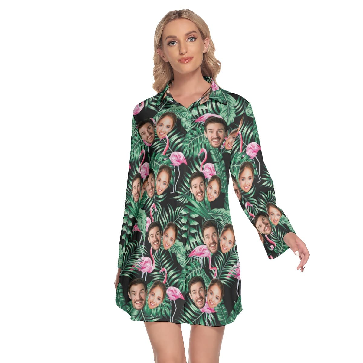 Flamingo Tropical Custom 2 Faces Lapel Long Sleeve Dress (1)